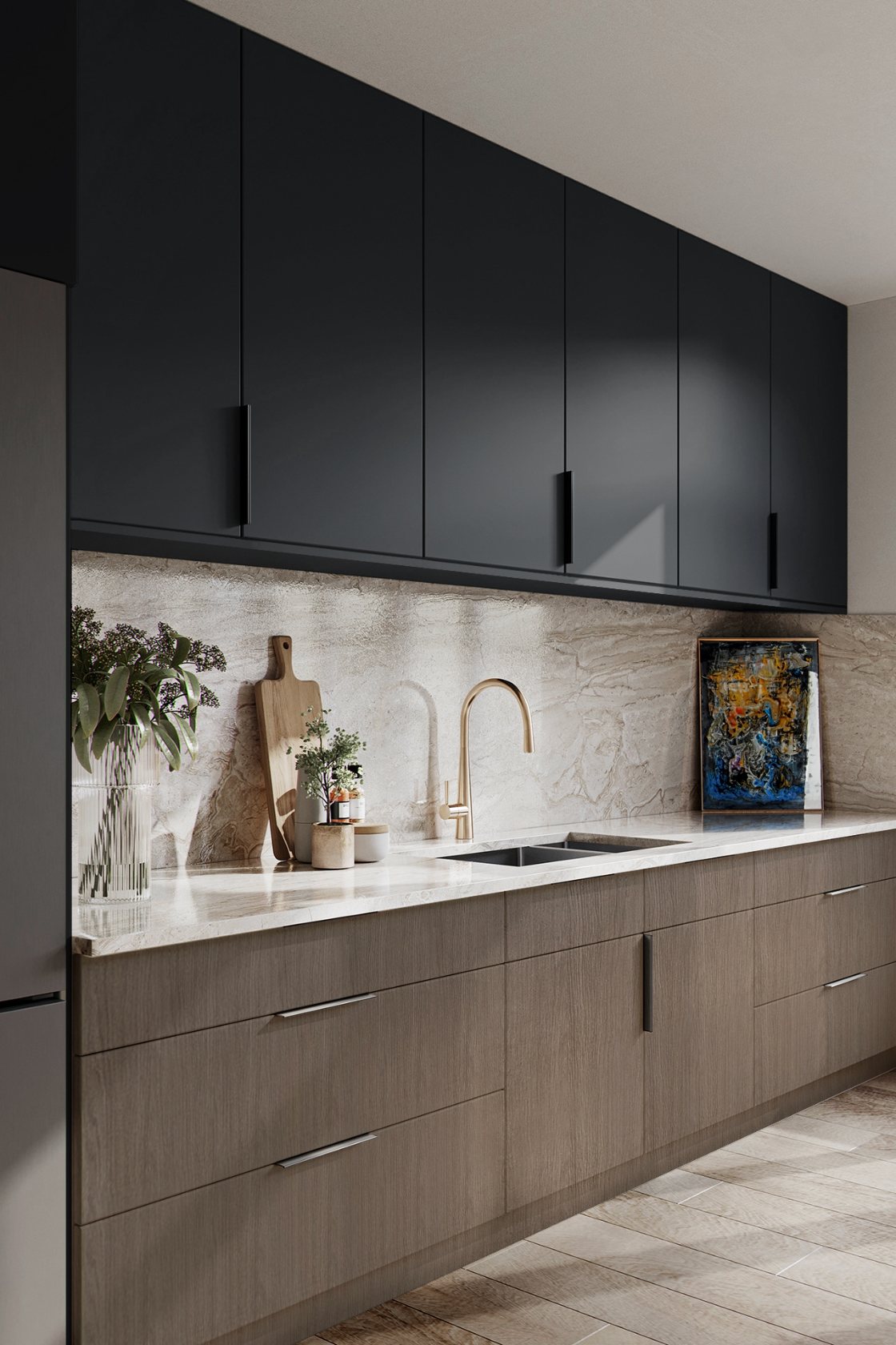 Modern kitchen with black upper cabinets and oak base cabinets