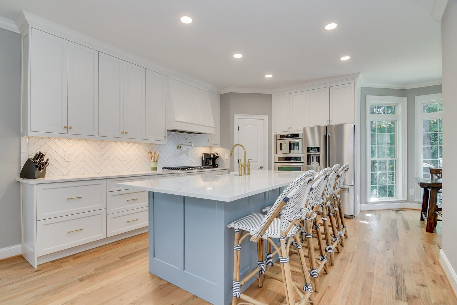 Open remodeled kitchen with island seating