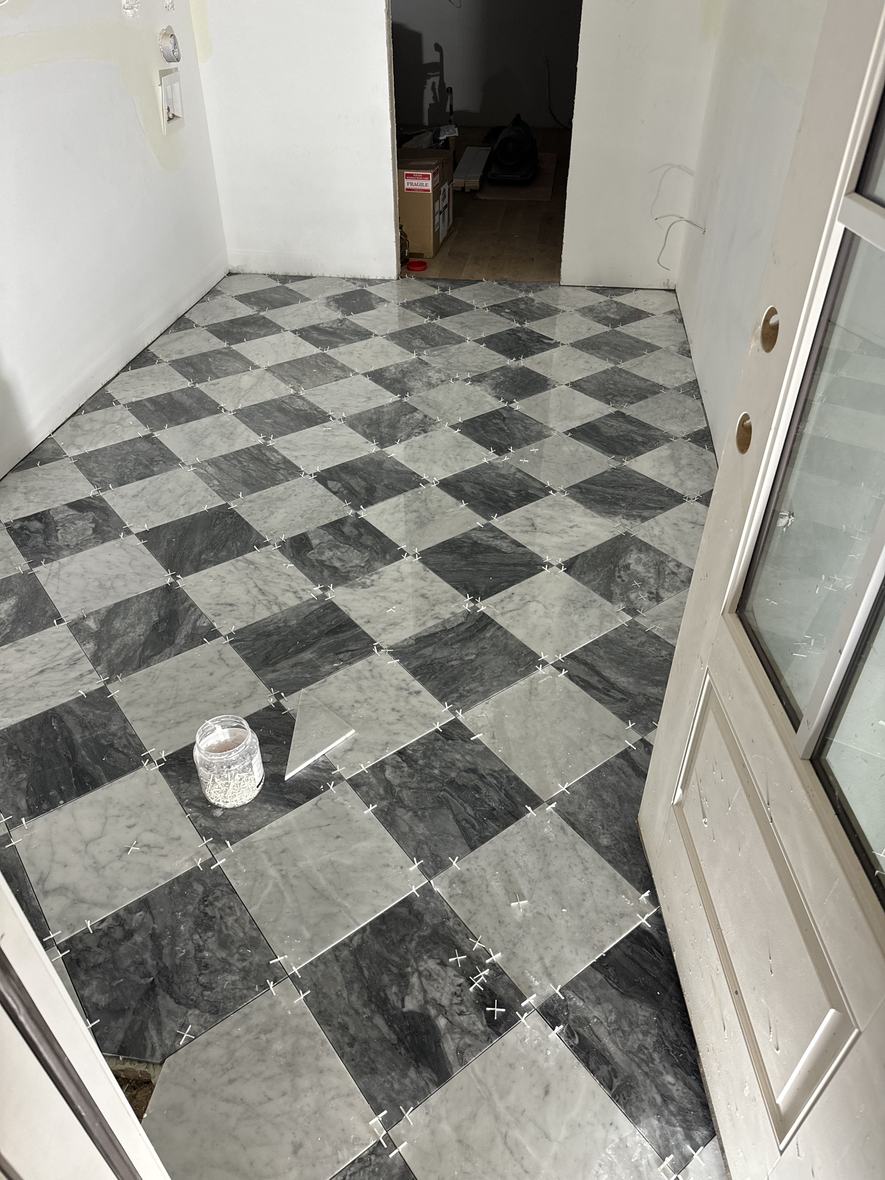 Marble checkerboard floor, freshly set