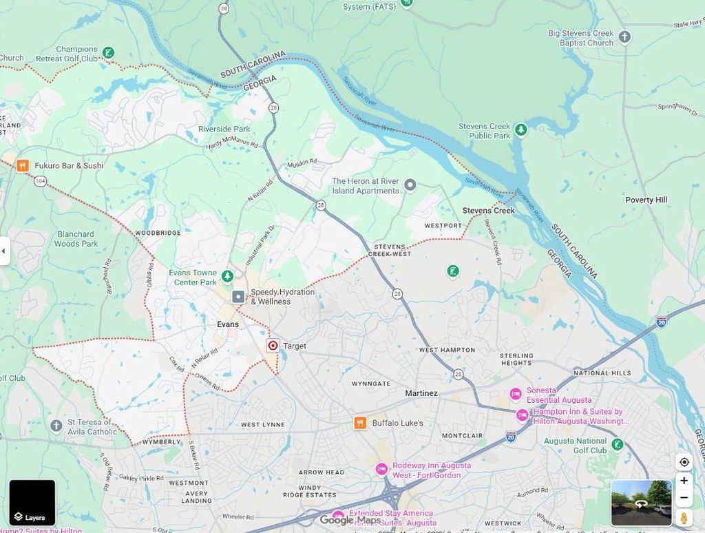 Map of Evans, GA, part of the 10th Avenue Designs service area