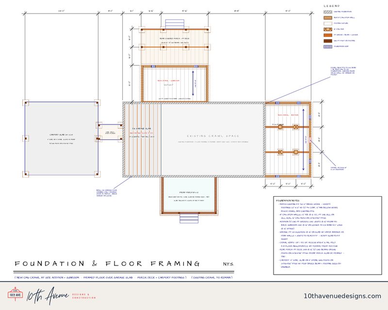 Foundation and floor framing drawn by 10th Avenue Designs